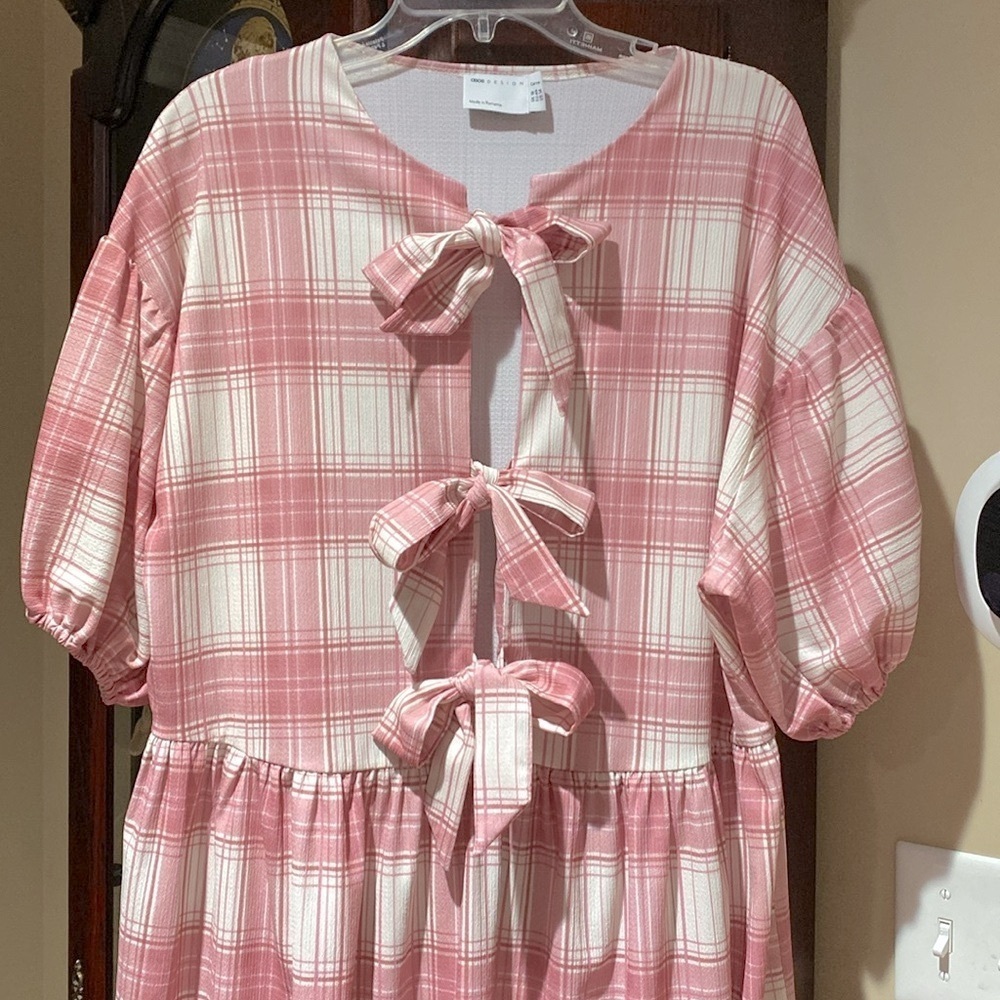 ASOS DESIGN Pink  Plaid Curve Puff Sleeve Tie Front Maxi Dress Size 14 - Picture 7 of 11